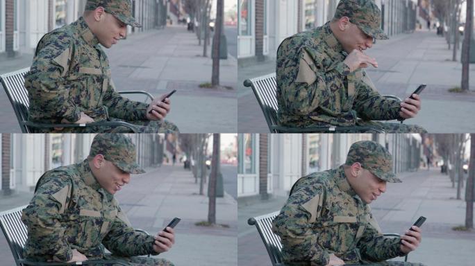 士兵使用智能手机讲话