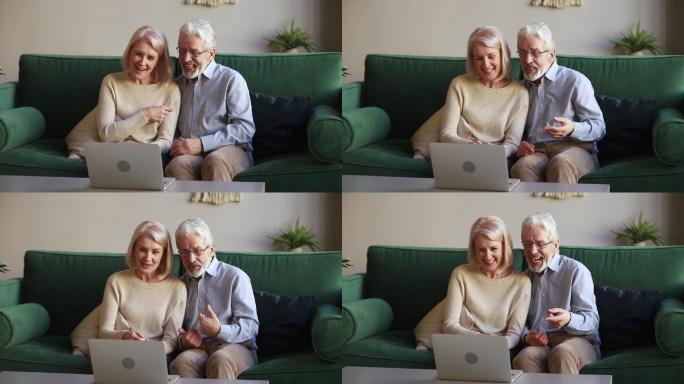 快乐的老夫妇笑着聊天打视频