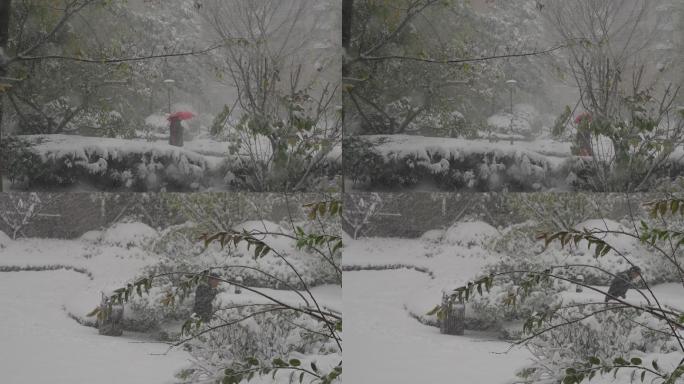 4k升格拍摄，大雪天路上的行人，慢动作。