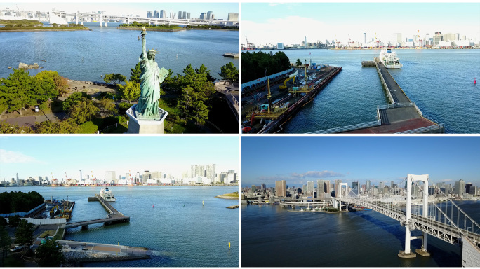 日本、东京、桥、女神、海、船、码头、航拍