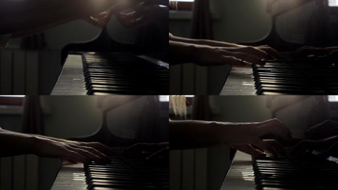 钢琴家用手打开大钢琴，开始慢动作近距离演奏音乐