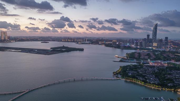 苏州东方之门国金日落金鸡湖夜景延时