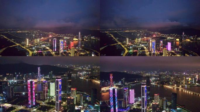 横琴新区澳门航拍城市夜景4k