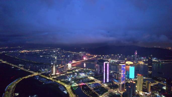 横琴新区澳门航拍城市夜景4k