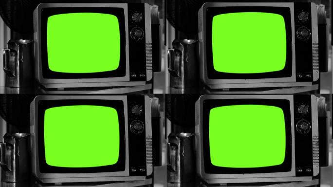 老式电视以绿色屏幕打开