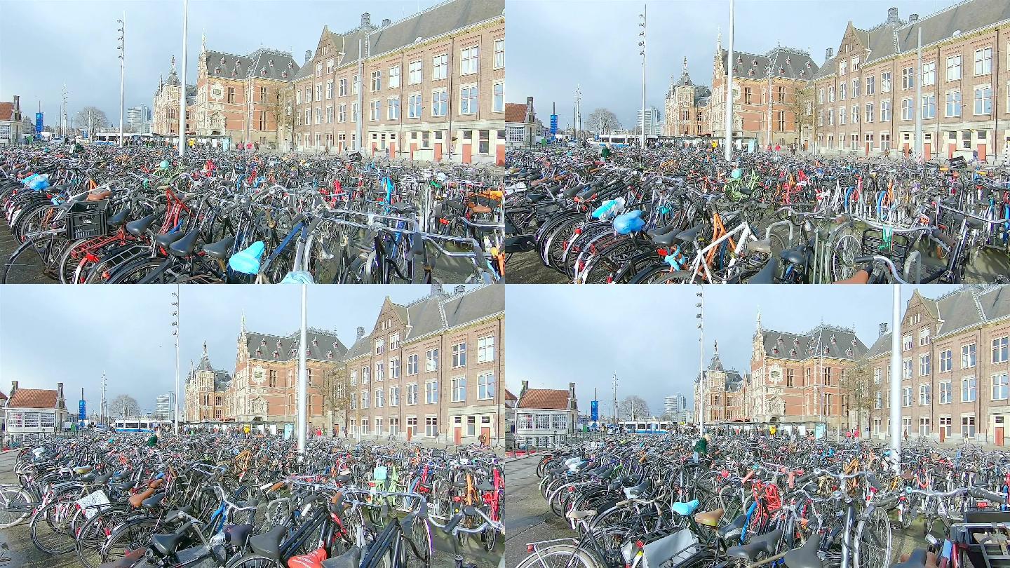 阿姆斯特丹中央火车站前的自行车停车场。