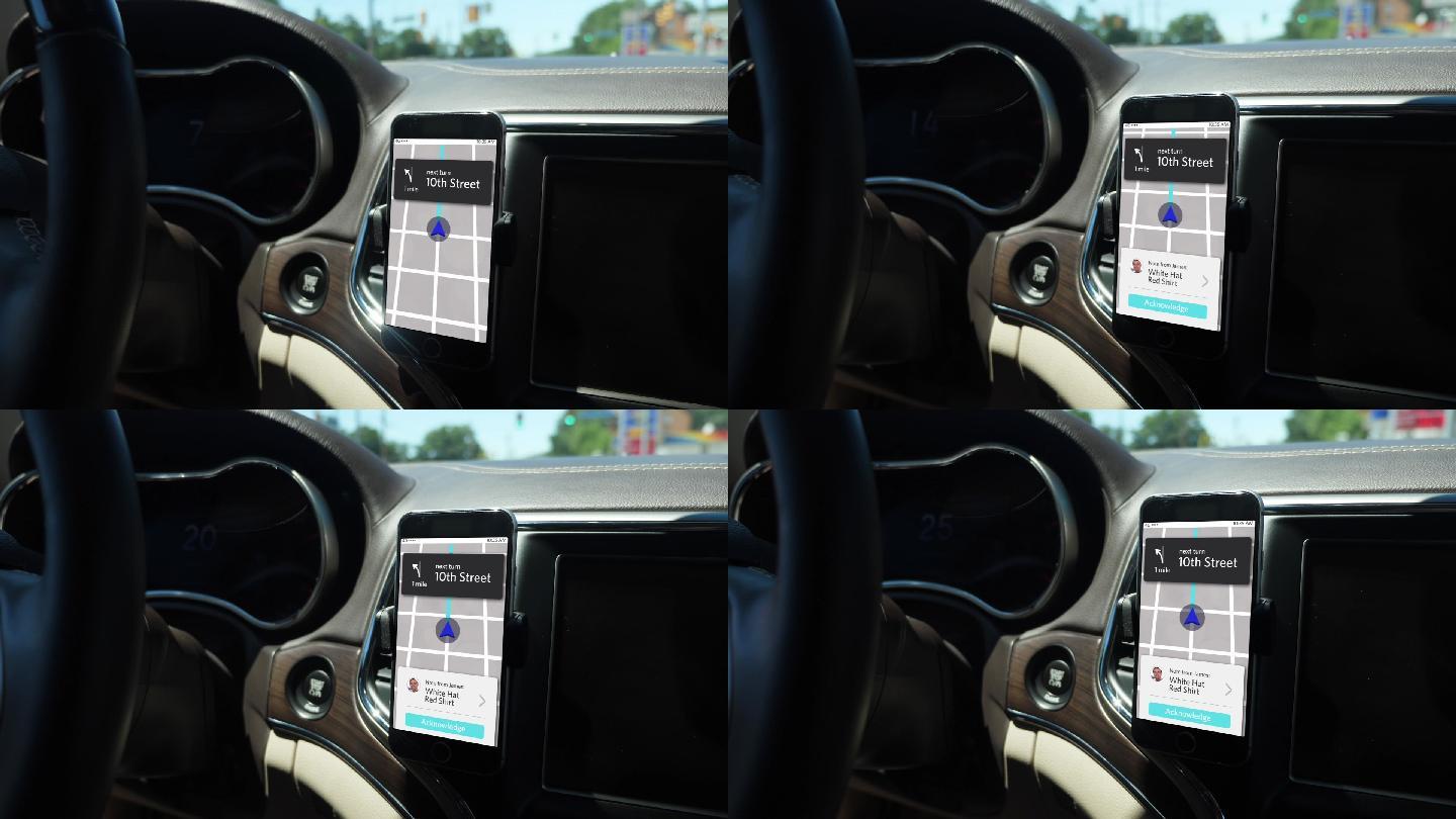 车内智能手机上的乘车共享应用程序屏幕