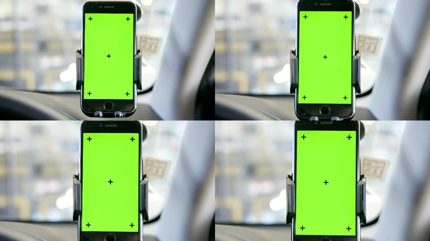 支架上有绿色屏幕的智能手机特写镜头