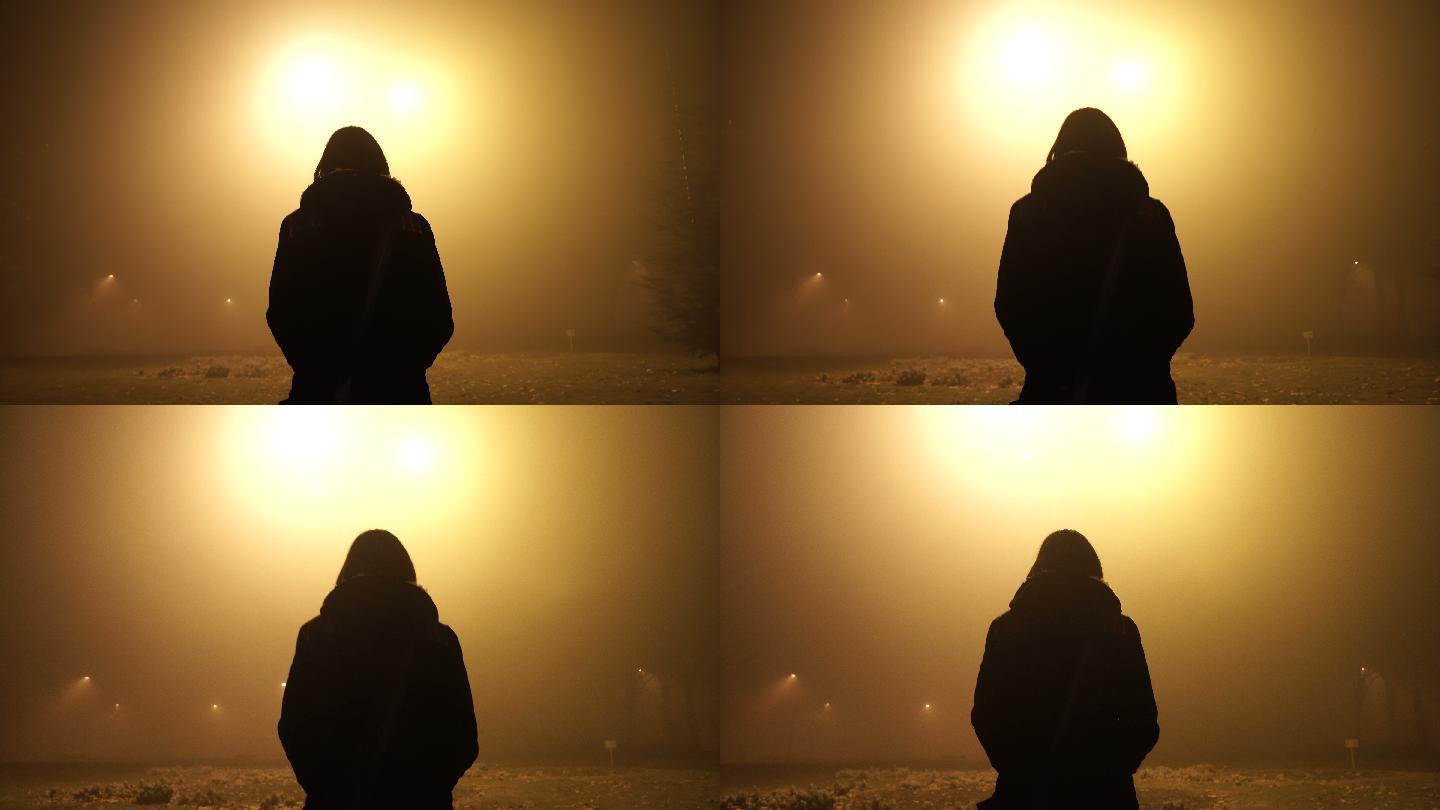 成年女性在夜间穿过雾蒙蒙的公园