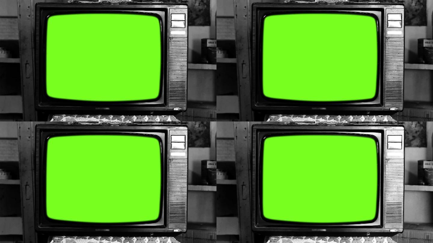 80年代的绿色屏幕电视。黑白色调。