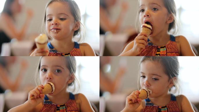 小女孩正在吃冰淇淋蛋筒
