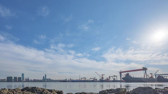 大连城市港口造船厂工厂海湾延时光影