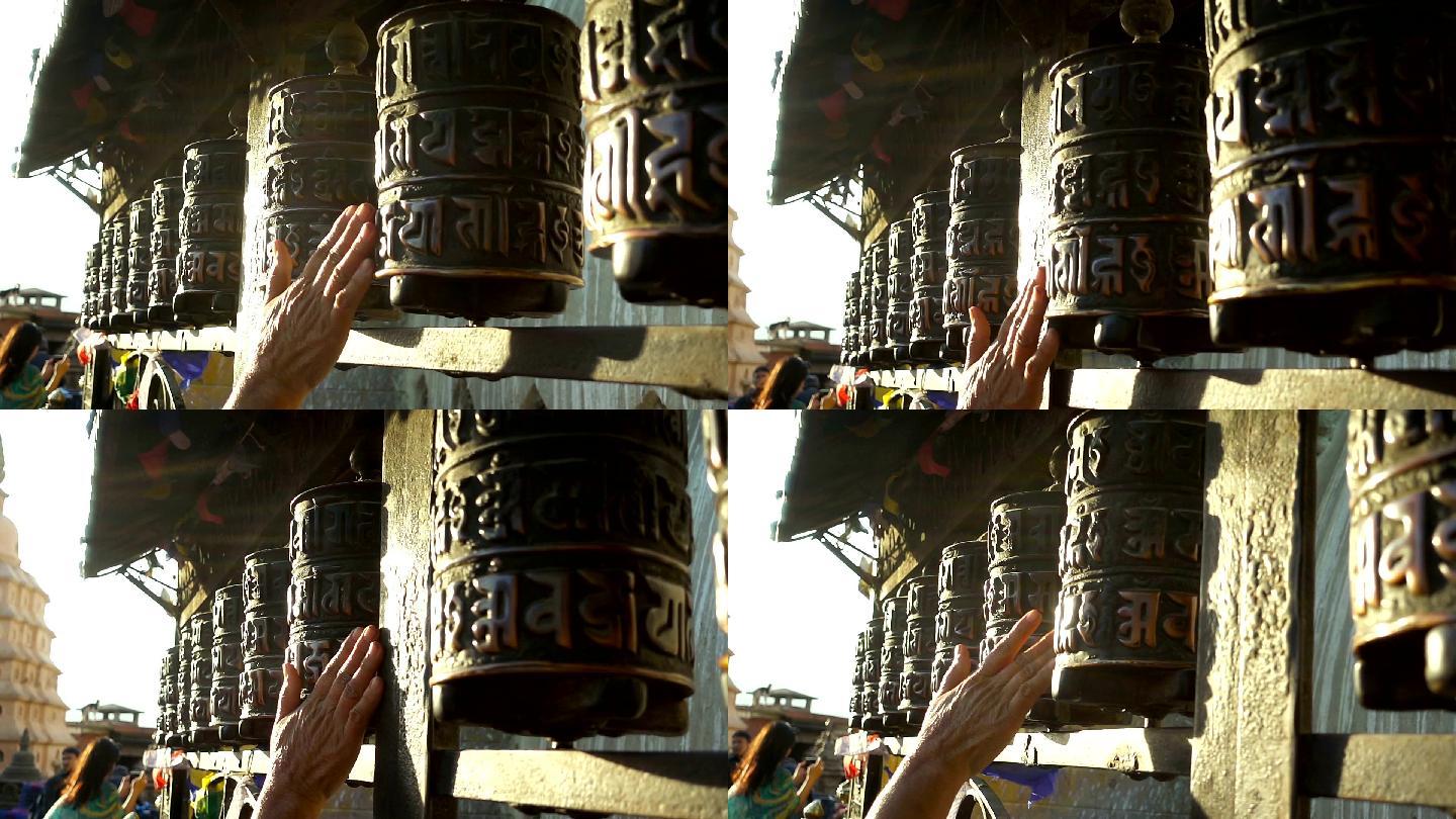 尼泊尔加德满都的祈祷轮。慢动作