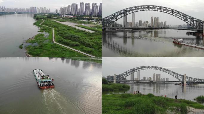 江汉湾桥、江汉湾公园、货船航行航拍