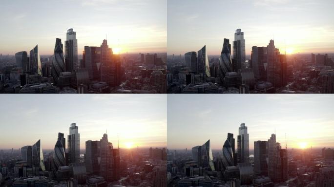 英国伦敦市金融区黄昏空中拍摄