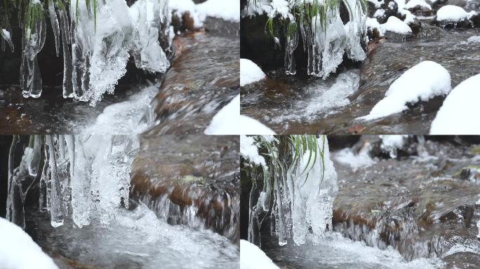 冬天下雪雪景冰雪河谷河流流水唯美冰雪景致