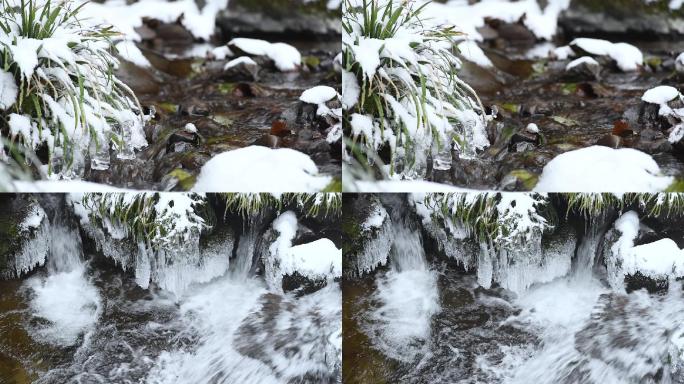 冬天下雪雪景冰雪河谷河流流水唯美冰雪景致