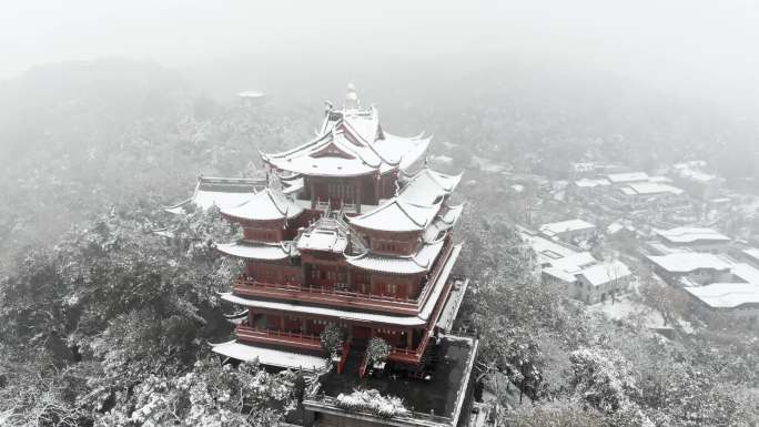 杭州吴山城隍阁雪景4K航拍