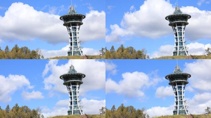 [延时摄影]蓝天白云在观光塔背面行走如风