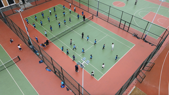 4K小学课后3点半网球教学航拍空镜