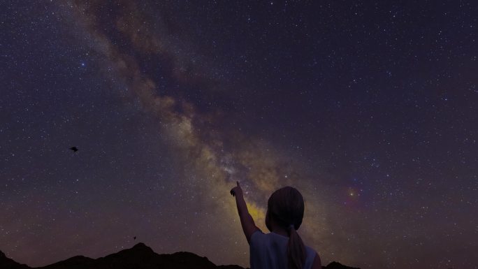 小女孩手指天空银河