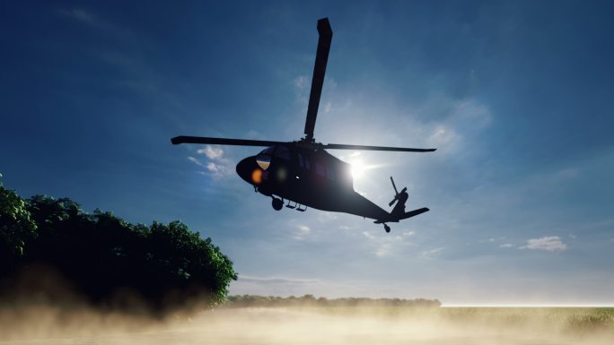军用直升机降落在一个荒芜地区