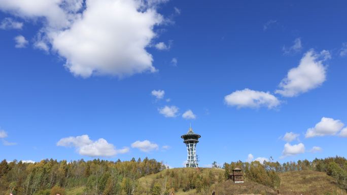 [延时摄影]观光塔、蓝天白云、大自然风景