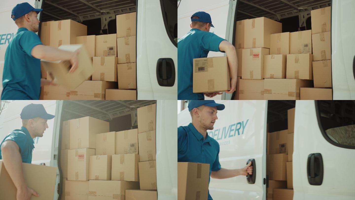 快递员打开送货车侧门，取出纸箱包裹