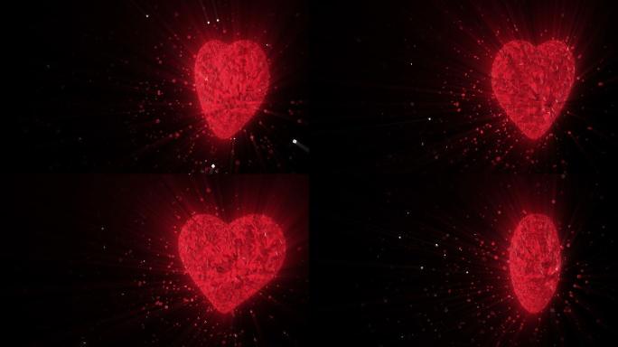 旋转发光的3d红宝石心形碎片