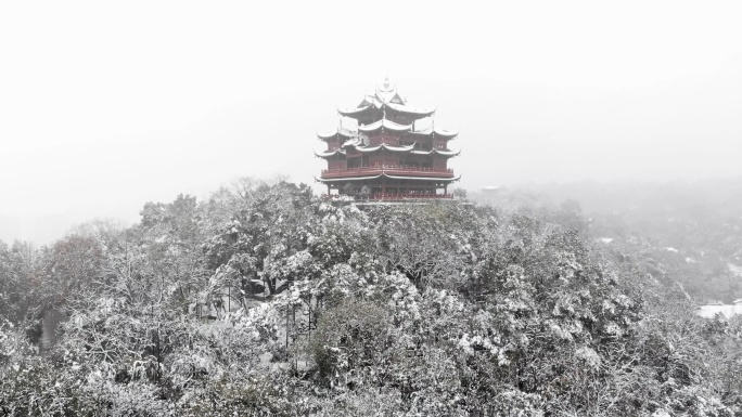 杭州吴山城隍阁雪景4K航拍