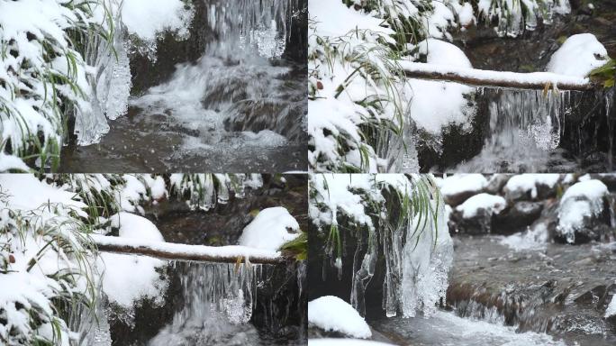 冬天下雪雪景冰雪河谷河流流水唯美冰雪景致