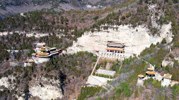 航拍山西五A景区介休绵山风景区后山