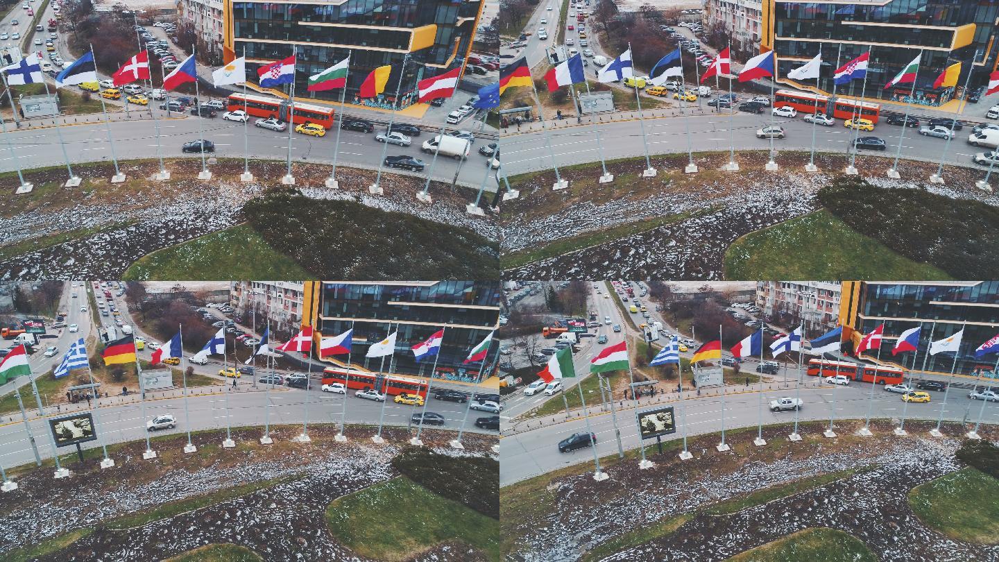 无人驾驶飞机拍摄了欧盟国旗的鸟瞰图