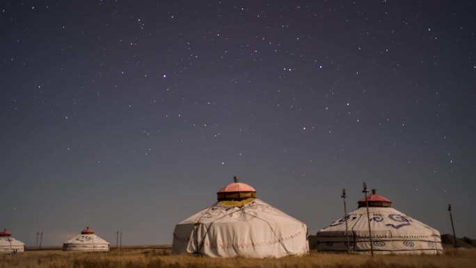 蒙古包日转夜银河星空延时摄影