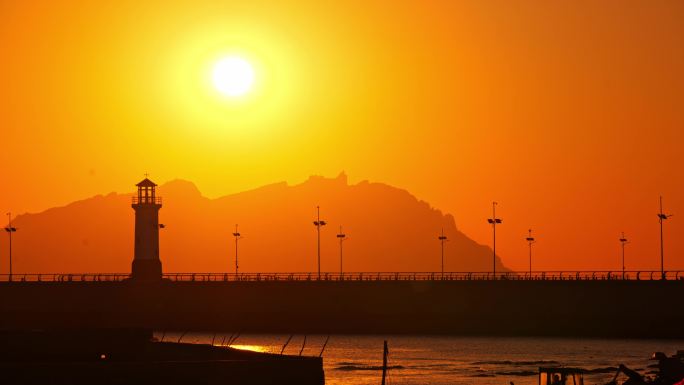 海港日出 港口灯塔 渔船海鸥 海岛日出