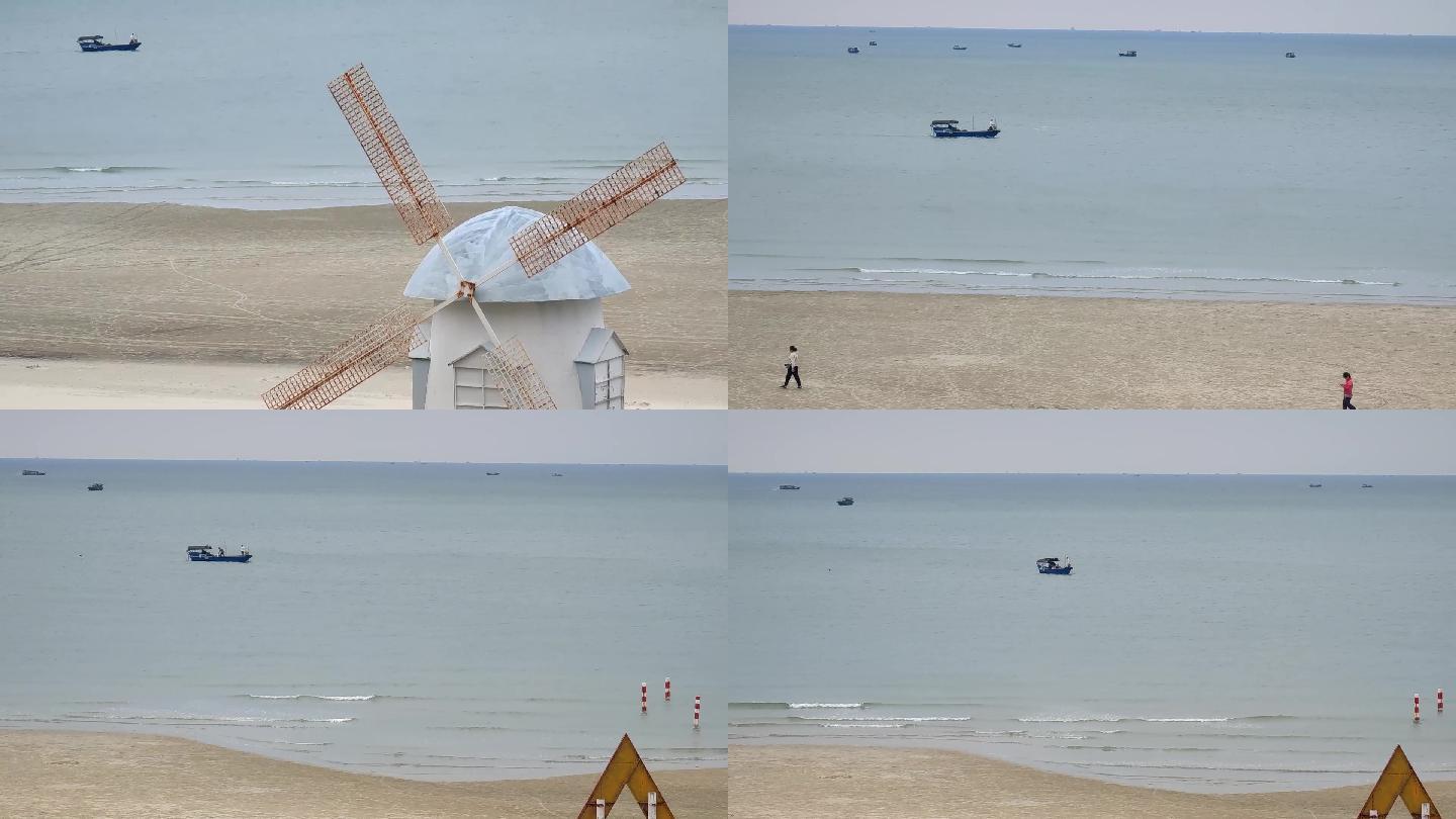 北海银滩侨港海滩海浪沙滩渔船赶海空镜头