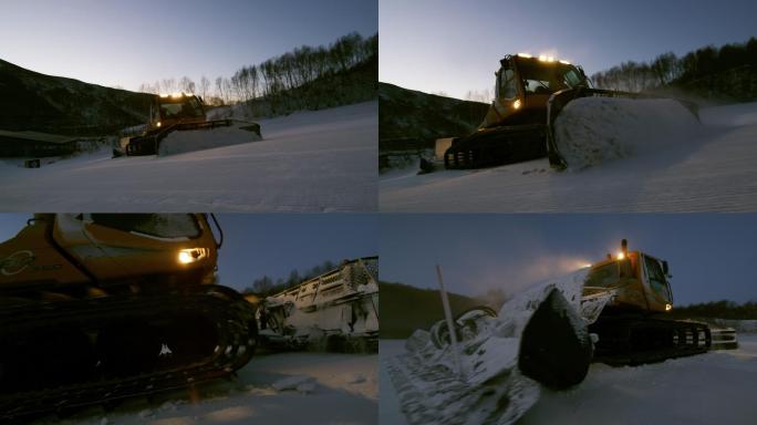 清晨在崇礼云顶滑雪场铲雪的压雪车