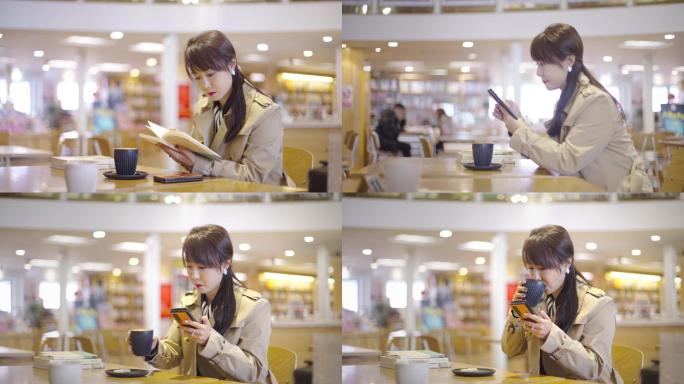 4K 女生在咖啡店看书喝咖啡玩手机