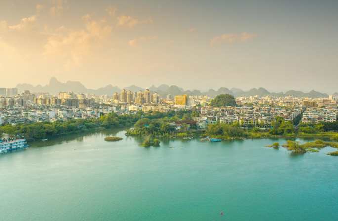桂林安新洲片区山水日落航拍延时大气城市