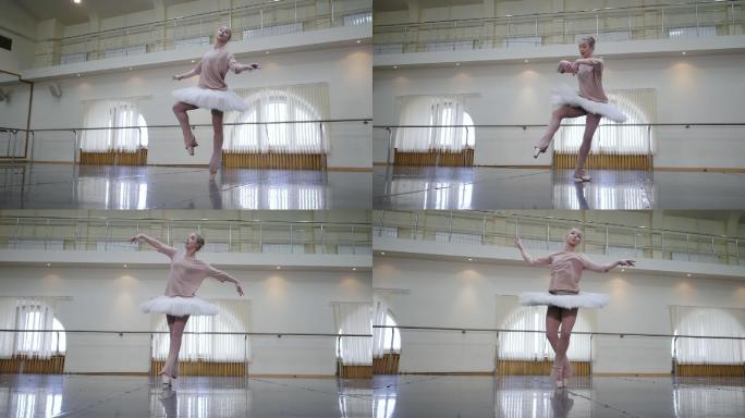 穿着芭蕾舞短裙的芭蕾舞演员，在舞蹈室练习