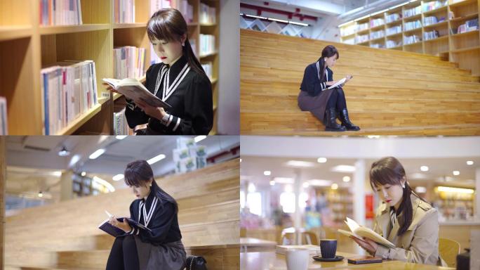 文艺女青年，美女在图书馆里看书