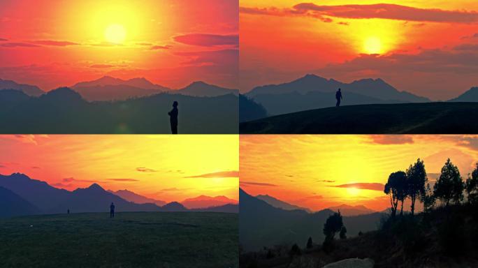 一个人走在群山之间的夕阳下