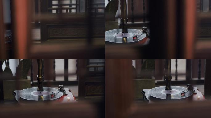 中式房间里的老式唱机在播放黑胶唱片