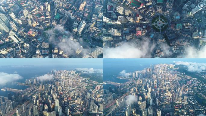 大连城市航拍中山区云海平流雾云层城市多组