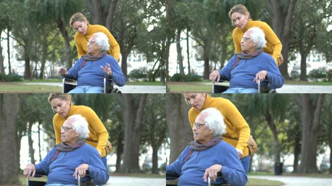 坐轮椅的老人休息慢慢走照顾视频素材