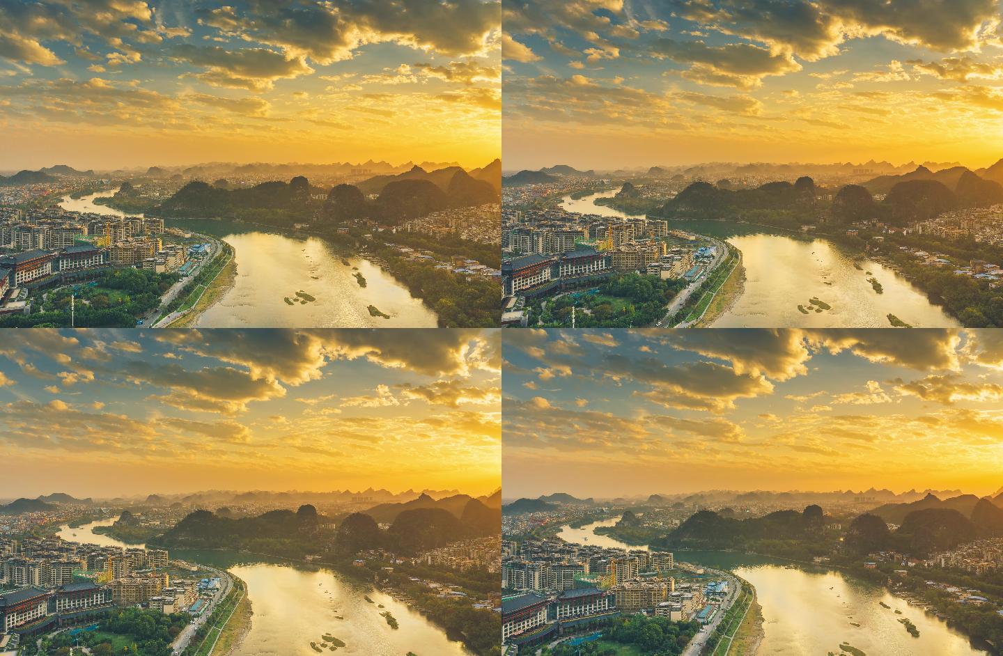 桂林叠彩山日落延时航拍风景大气山水城市