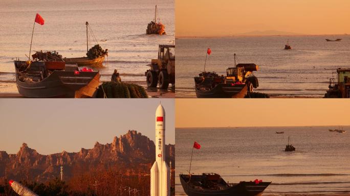 清晨渔港码头渔船出海大群海鸥飞翔