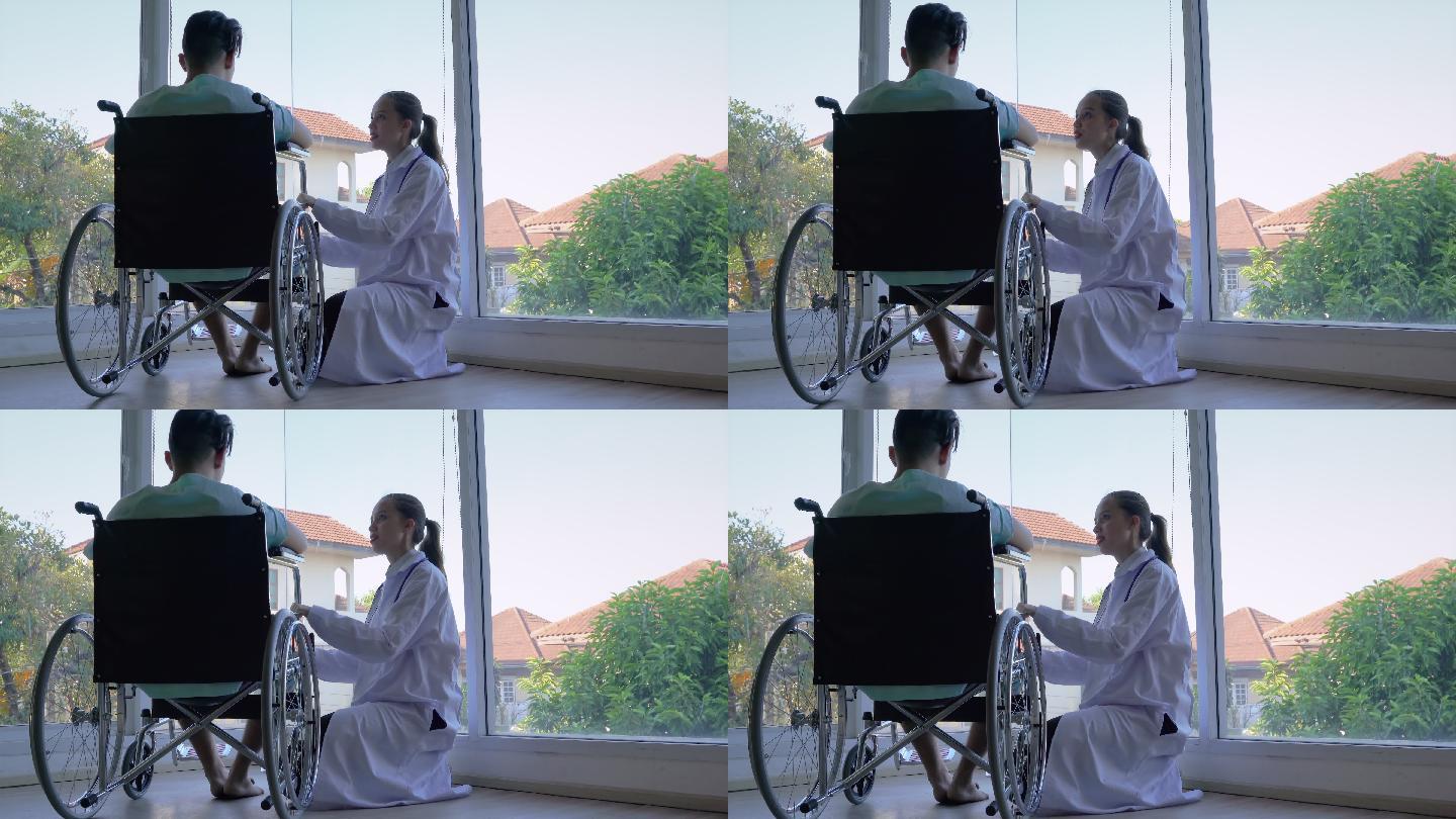 医生推着轮椅，病人来到玻璃房的边缘