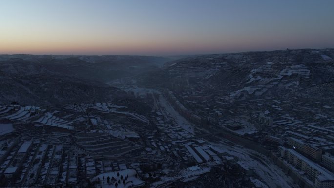 陕北清涧城市风光冬季雪景航拍4K西北地貌