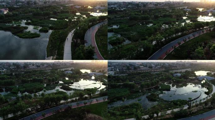 富平温泉河湿地公园航拍4K富平宣传片日落